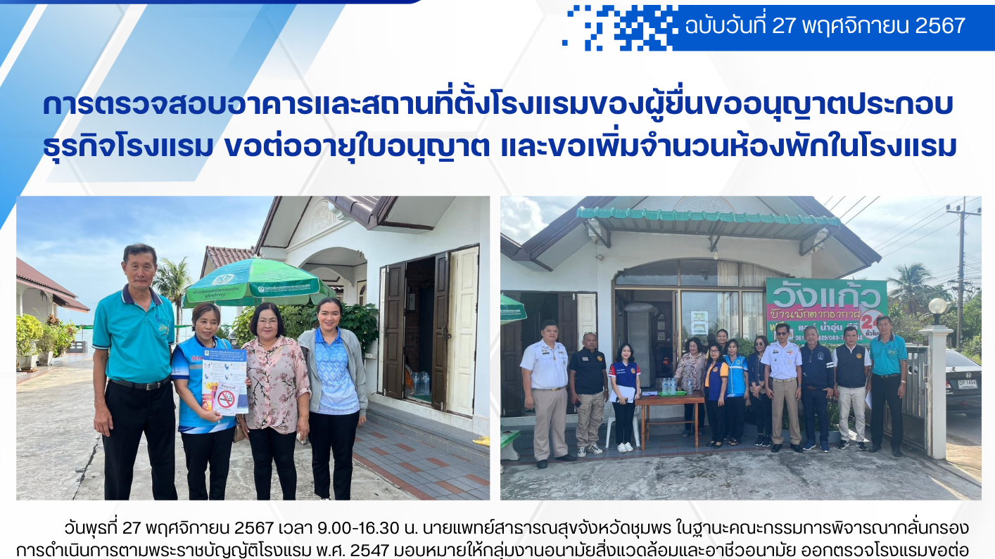 การตรวจสอบอาคารและสถานที่ตั้งโรงแรมของผู้ยื่นขออนุญาตประกอบธุรกิจโรงแรม ขอต่ออายุใบอนุญาต และขอเพิ่มจำนวนห้องพักในโรงแรม