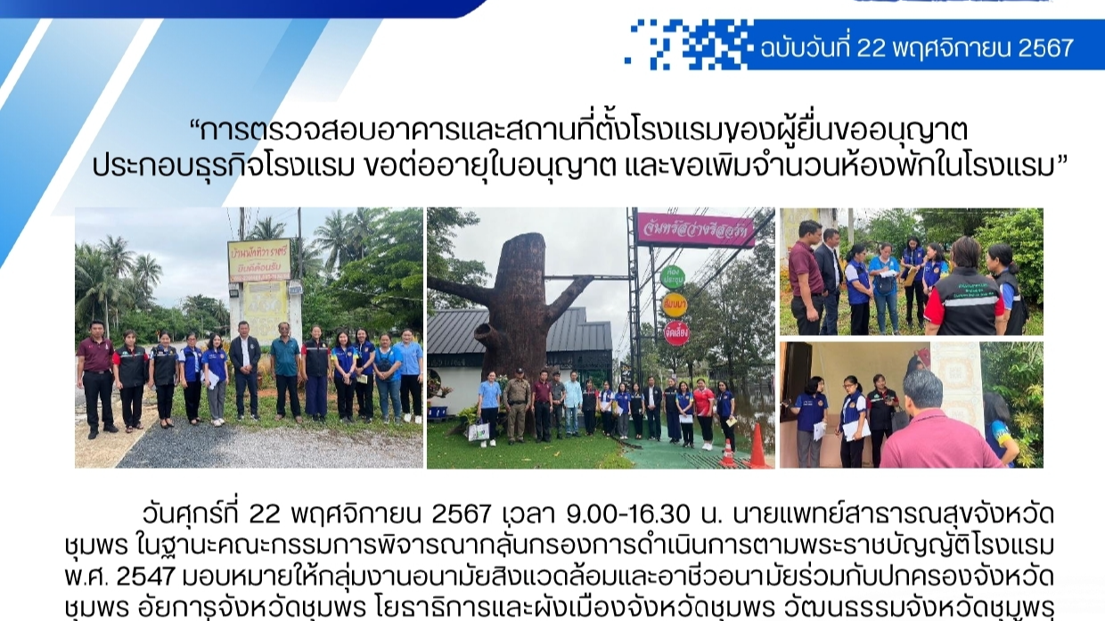 การตรวจสอบอาคารและสถานที่ตั้งโรงแรมของผู้ยื่นขออนุญาตประกอบธุรกิจโรงแรม ขอต่ออายุใบอนุญาต และขอเพิ่มจำนวนห้องพักในโรงแรม