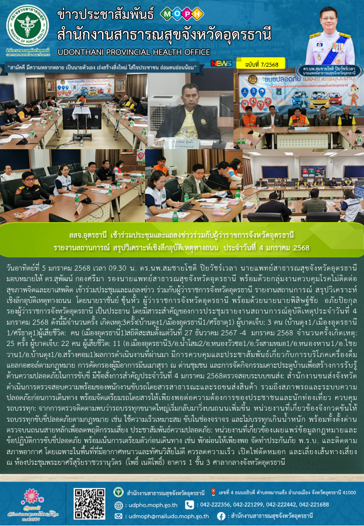 สสจ.อุดรธานี เข้าร่วมประชุมและแถลงข่าวร่วมกับผู้ว่าราชการจังหวัดอุดรธานี รายงานสถานการณ์ สรุปวิเคราะห์เชิงลึกอุบัติเหตุทางถนน ประจำวันที่ 4 มกราคม 2568