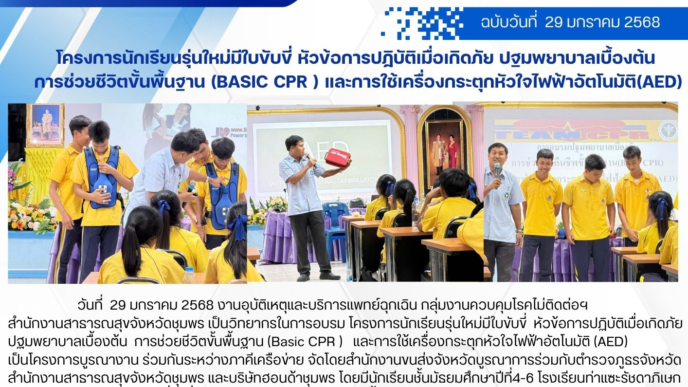 โครงการนักเรียนรุ่นใหม่มีใบขับขี่ หัวข้อการปฏิบัติเมื่อเกิดภัย ปฐมพยาบาลเบื้องต้น การช่วยชีวิตขั้นพื้นฐาน(Basic CPR )และการใช้เครื่องกระตุกหัวใจไฟฟ้าอัตโนมัติ(AED)