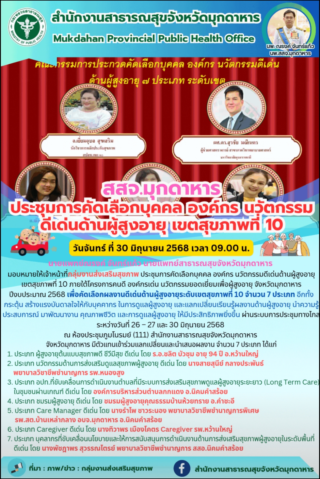 สสจ.มุกดาหาร ประชุมการคัดเลือกบุคคล องค์กร นวัตกรรม​ดีเด่นด้านผู้สูงอายุ เขตสุขภาพที่ 10