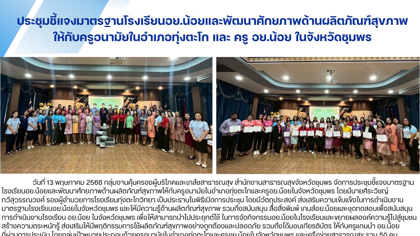 ประชุมชี้แจงมาตรฐานโรงเรียนอย.น้อยและพัฒนาศักยภาพด้านผลิตภัณฑ์สุขภาพ ให้กับครูอน...