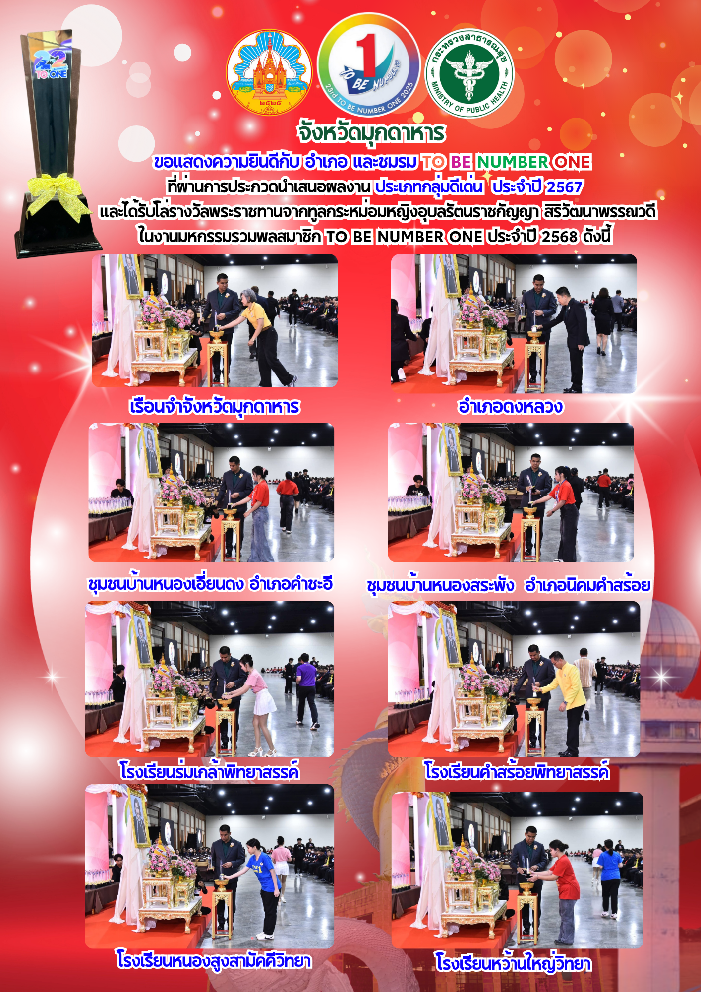 จังหวัดมุกดาหาร ขอแสดงความยินดีกับ อำเภอ และชมรม TO BE NUMBER ONE ที่ผ่านการประก...