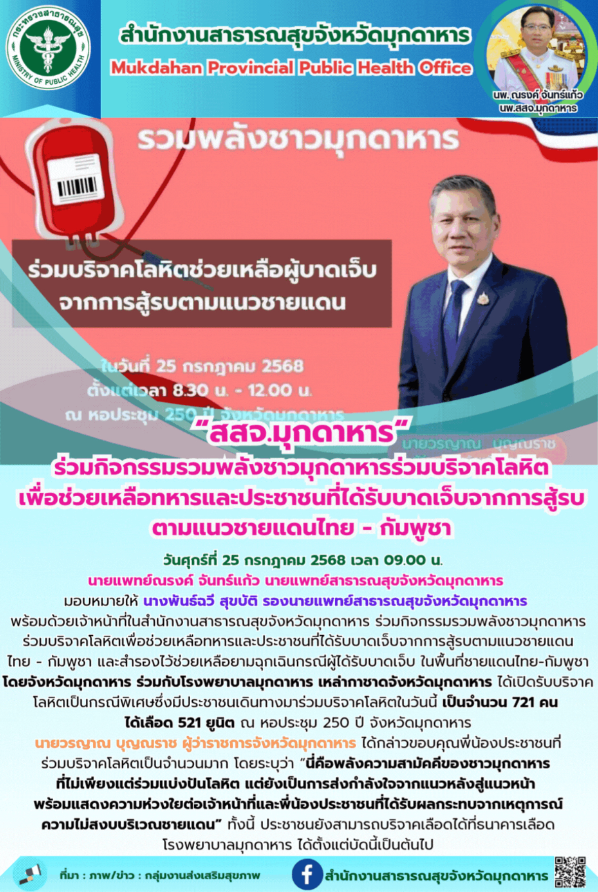 “สสจ.มุกดาหาร“ ร่วมกิจกรรมรวมพลังชาวมุกดาหารร่วมบริจาคโลหิต เพื่อช่วยเหลือทหารและประชาชนที่ได้รับบาดเจ็บจากการสู้รบตามแนวชายแดนไทย - กัมพูชา