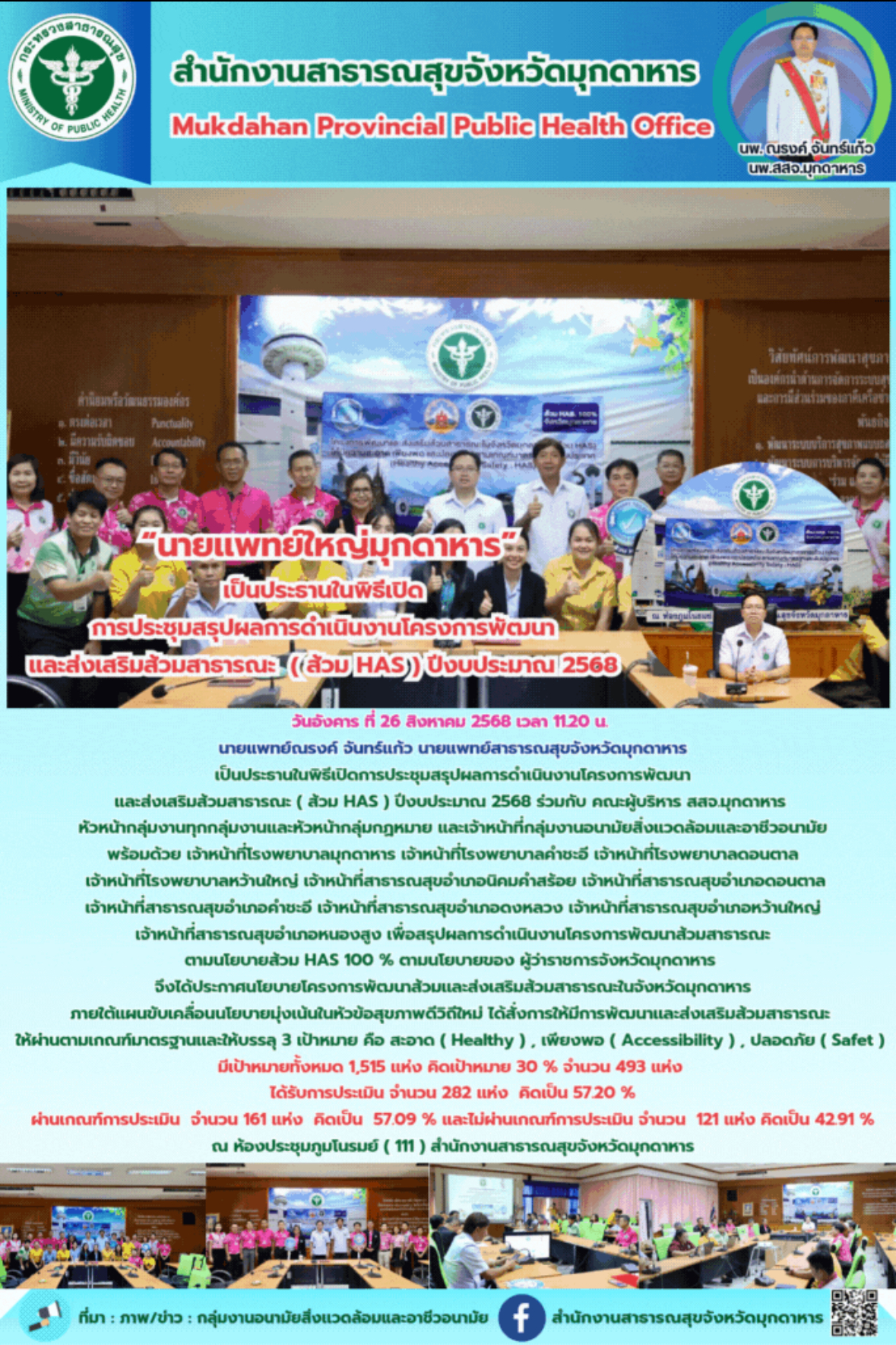  “นายเเพทย์ใหญ่มุกดาหาร” เป็นประธานในพิธีเปิด การประชุมสรุปผลการดำเนินงานโครงการ...
