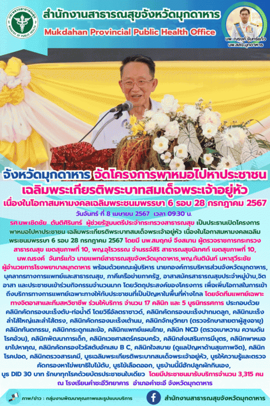 จังหวัดมุกดาหาร จัดโครงการพาหมอไปหาประชาชนเฉลิมพระเกียรติพระบาทสมเด็จพระเจ้าอยู่...