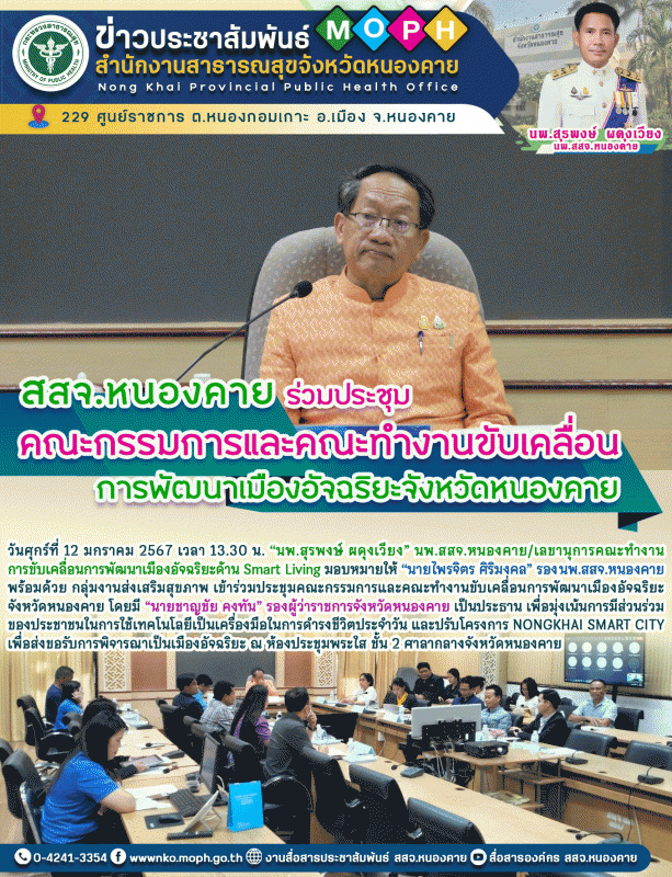 สสจ.หนองคาย ร่วมประชุมคณะกรรมการและคณะทำงานขับเคลื่อนการพัฒนาเมืองอัจฉริยะจังหวัดหนองคาย